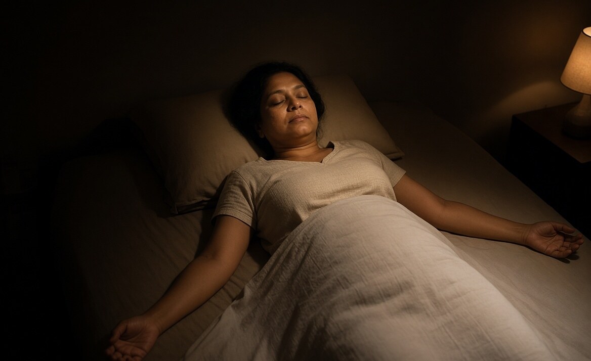 Lying down in shavasana, listening to the sameeksha recording
